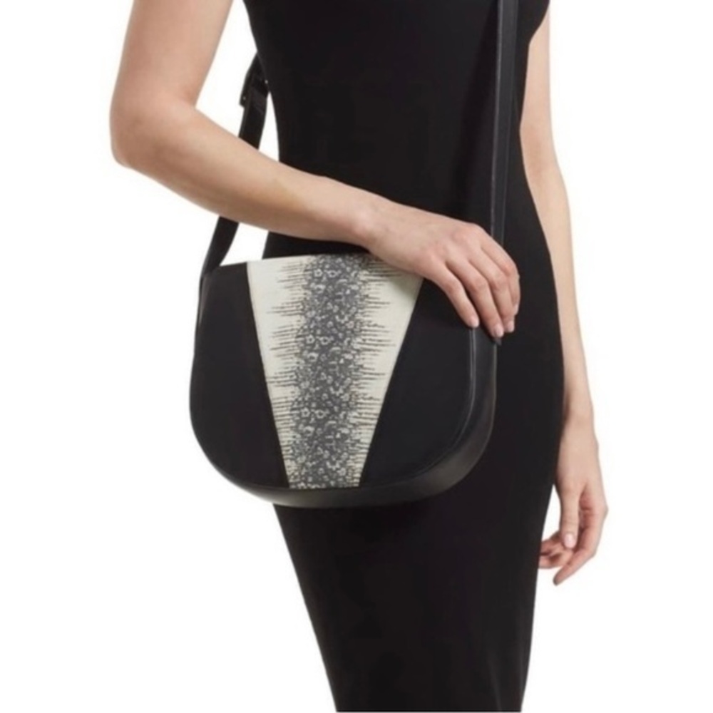 Vince Modern V Black Ivory Lizard Embossed Leather Crossbody Bag